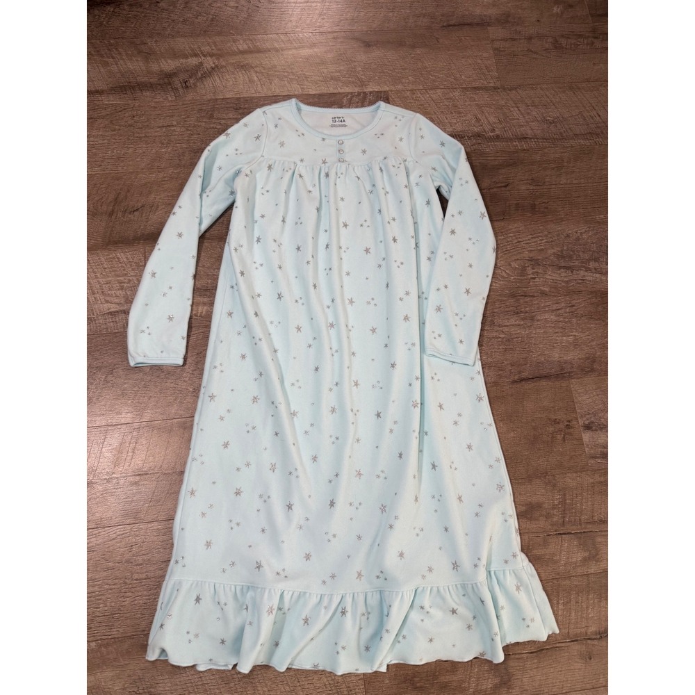 Carter's Girl's Light Blue Fleece Star Nightgown Long Sleeve Ruffle Hem 12-14A
